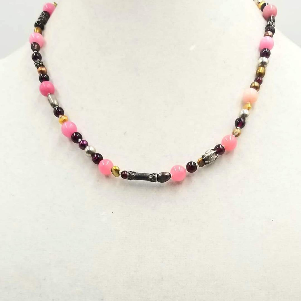 Past Work. Sterling silver, pearls, garnet, & quartz necklace on white silk.  19.25" Length. Sold.