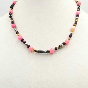 Past Work. Sterling silver, pearls, garnet, & quartz necklace on white silk.  19.25" Length. Sold.