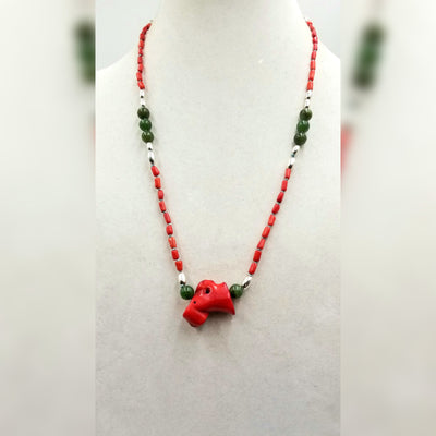 Sterling silver, nephrite, & bi-tone coral necklace on sky blue silk. 25