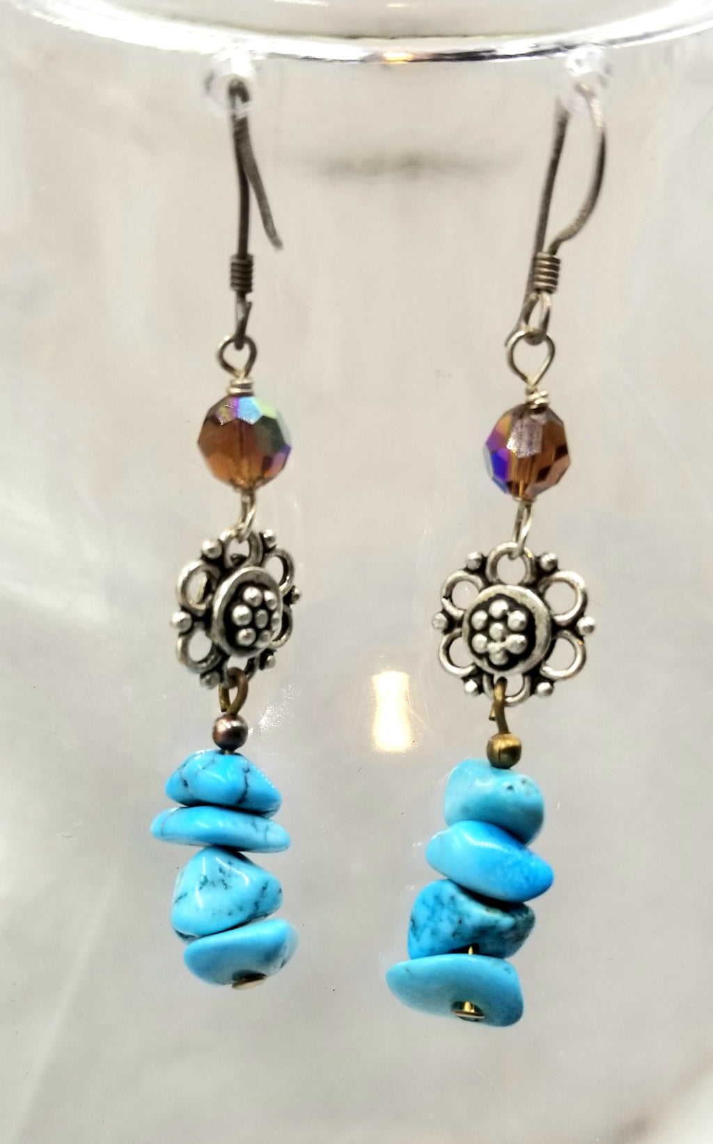 Past Works. Very pretty Swarovski,Sterling silver,  & dyed howlite earrings. Sold