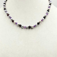 Sterling silvery pearl, garnet, & amethyst necklace on crimson silk. 18.25" Length.