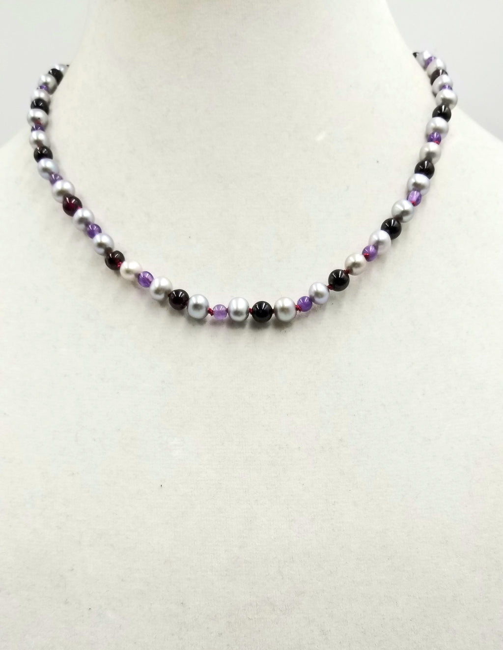 Sterling silvery pearl, garnet, & amethyst necklace on crimson silk. 18.25" Length.