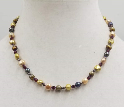 Past Work. Sterling silver, multi-color pearl and garnet necklace on purple silk. Sold.