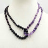 Unique, 2-strand necklace. Amethyst on crimson silk & garnet on periwinkle silk. Adjustable. Princess length.