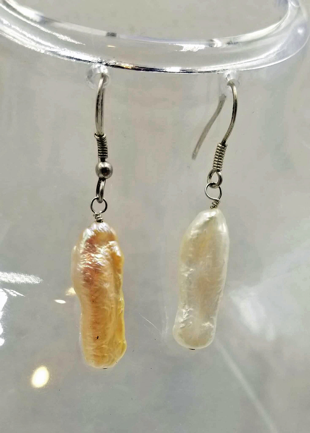 Sterling silver, biwa pearl earrings.