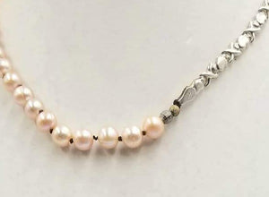 Past Work. Adjustable, Sterling Silver & beige pearl necklace on chocolate silk. 16.5" - 19.25"