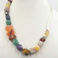 Bold Unisex sterling graduated faceted multistone agate, jasper, calcite, amethyst, aventurine, carnelian, and tiger's eye necklace on rose silk. 22.25"