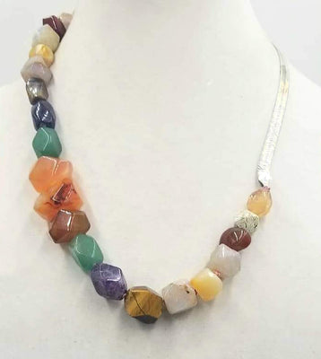 Bold Unisex sterling graduated faceted multistone agate, jasper, calcite, amethyst, aventurine, carnelian, and tiger's eye necklace on rose silk. 22.25