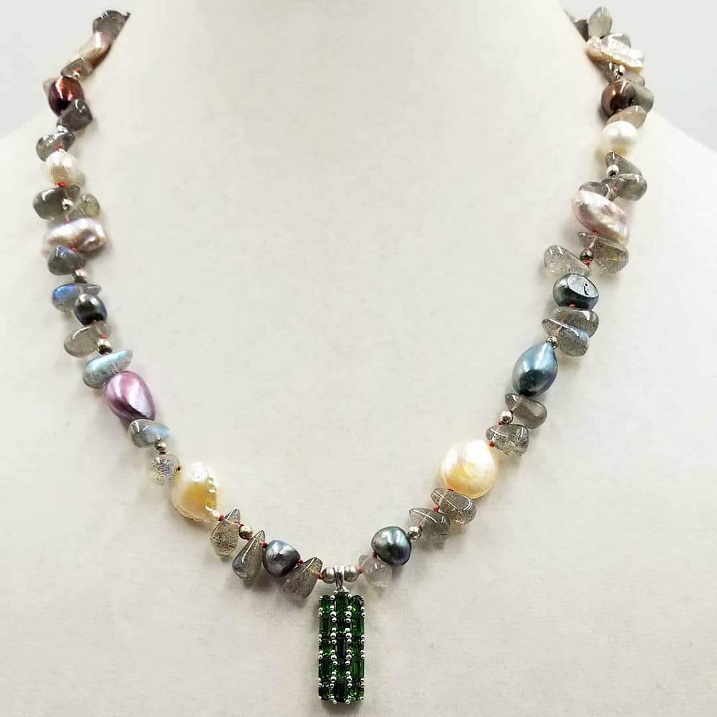 A chrome diopside pendant shows off on this adjustable, sterling silver, labradorite & multi-color pearl necklace on tangerine silk. 18.5-22.5"
