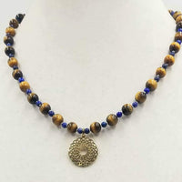 Men & women, take a look at this Tiger's Eye & Lapis Lazuli, Sterling Silver vermeil pendant necklace on white silk. 19" Length.