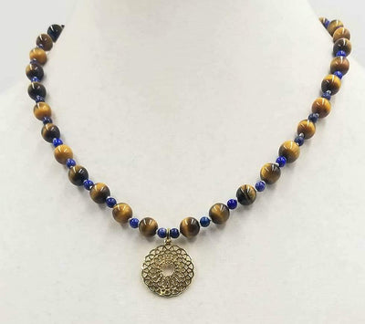 Men & women, take a look at this Tiger's Eye & Lapis Lazuli, Sterling Silver vermeil pendant necklace on white silk. 19