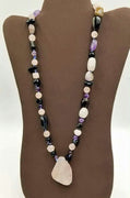 Rose quartz, amethyst, & onyx pendant medallion necklace on periwinkle silk. 23" Length.