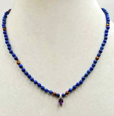 Stunning! Made for a Queen. Lapis Lazuli & Cranberry pearls on chocolate silk. 14KWG with a 10KWG amethyst & diamond pendant.