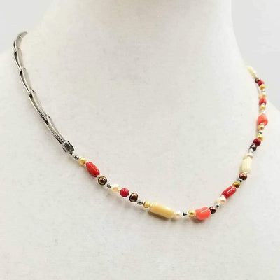 Classic. Sterling silver, tri-tone coral & pearl unisex necklace on white silk. 19