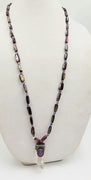 Dyed Mother of Pearl, and amethyst long men's quartz crystal pendant necklace on white silk.35"