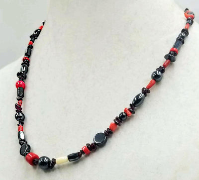 Coral, garnet, hematite & sterling silver, unisex necklace. 21.5