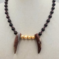 Updated! Fangs are always "IN" Adjustable Sterling silver Garnett's freshwater pearl and Agate Fang men's necklace on purple silk. 18" -19.75" length.
