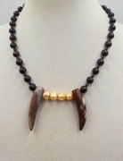 Updated! Fangs are always "IN" Adjustable Sterling silver Garnett's freshwater pearl and Agate Fang men's necklace on purple silk. 18" -19.75" length.