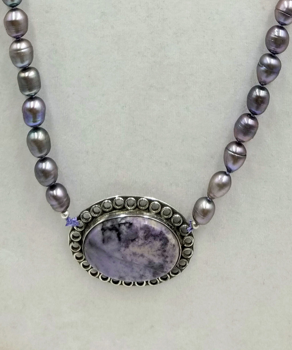 Baroque peacock pearls, sterling silver & sugilite pendant, hand-knotted necklace on lilac silk.  35" Length.