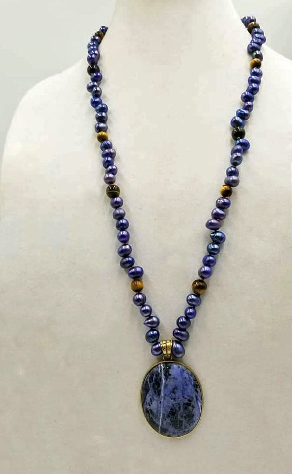 PRICE REDUCED Indigo dyed freshwater cultured pearls & tiger's eye necklace with brass sodalite pendant with hand-knotted coppertone silk.