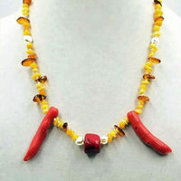 14k Baltic amber, coral, & pearl necklace hand-knotted white silk. 22" Length.