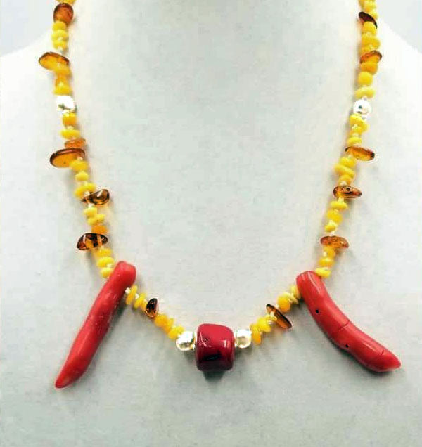 14k Baltic amber, coral, & pearl necklace hand-knotted white silk. 22" Length.