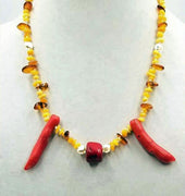 PRICE REDUCED 14k Baltic amber, coral, & pearl necklace hand-knotted white silk. 22" Length.