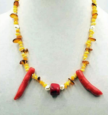 14k Baltic amber, coral, & pearl necklace hand-knotted white silk. 22
