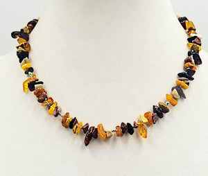 14KYGold, Baltic amber & Mookalite Jasper necklace on sky blue silk. 18.5" Length.