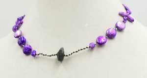 Past Works. Dyed purple pearls and nugget labradorite princess length necklace on hand-knotted black silk. Sold.