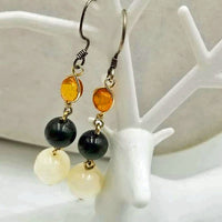 Sterling Silver, Baltic amber, vintage spinach nephrite, jade, & Mother of Pearl dangle earrings