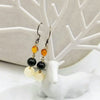 Sterling Silver, Baltic amber, vintage spinach nephrite, jade, & Mother of Pearl dangle earrings