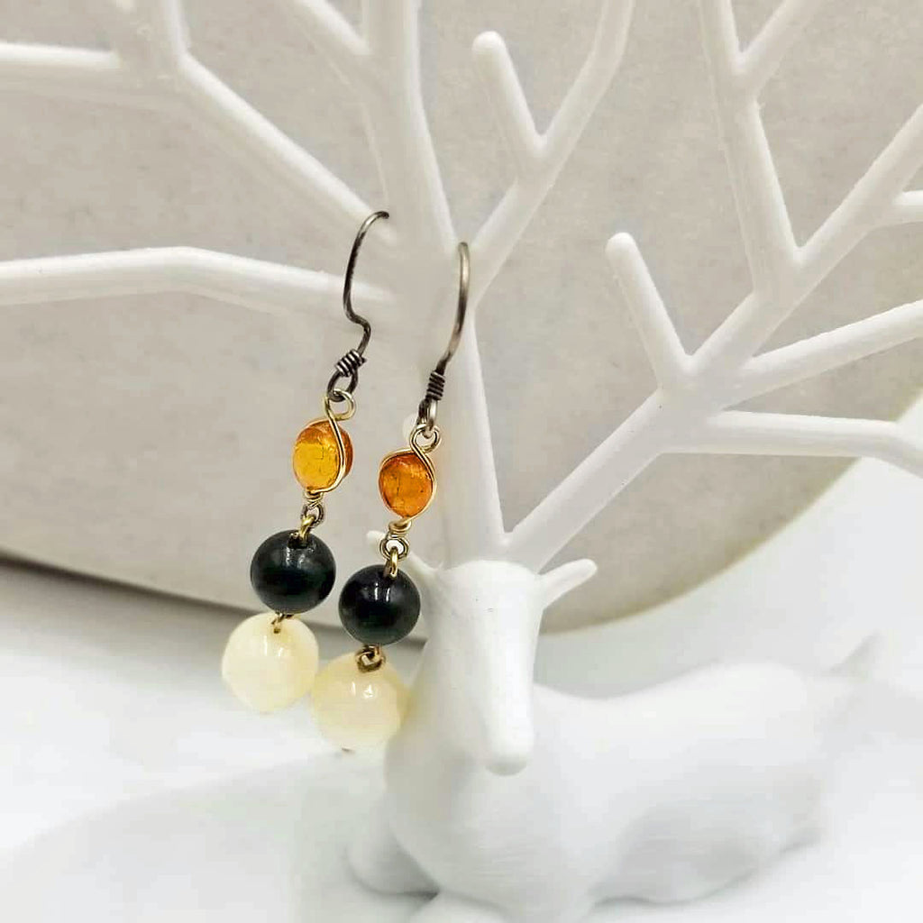 Sterling Silver, Baltic amber, vintage spinach nephrite, jade, & Mother of Pearl dangle earrings