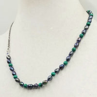 Sterling silver, malachite & peacock pearls, men's unisex streetwear necklace on lilac silk. 20.5" length.