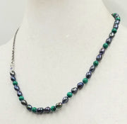 Sterling silver, malachite & peacock pearls, men's unisex streetwear necklace on lilac silk. 20.5" length.