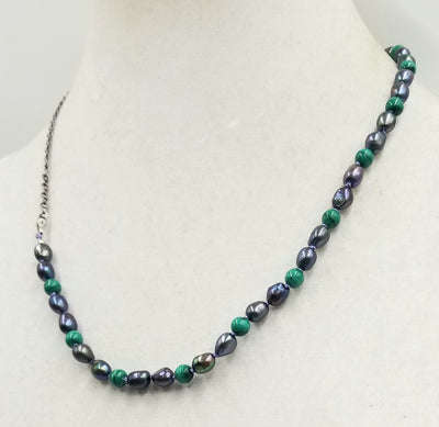Sterling silver, malachite & peacock pearls, men's unisex streetwear necklace on lilac silk. 20.5