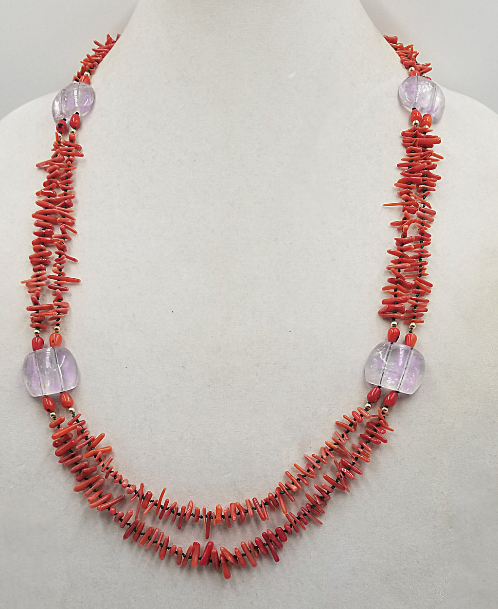 Bold, Mid-century style, 2-Strand Red coral & Rose de France Amethyst, with 14KYG clasp & hand-knotted verde silk, necklace.