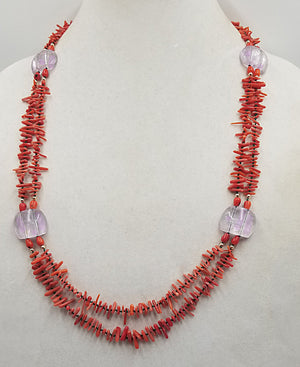 Bold, Mid-century style, 2-Strand Red coral & Rose de France Amethyst, with 14KYG clasp & hand-knotted verde silk, necklace.