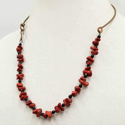 Unisex, Copper, branch coral, & onyx, necklace. Hand-knotted with dove grey silk.  22