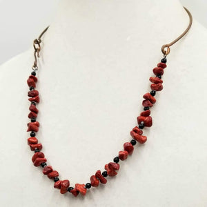 Unisex, Copper, branch coral, & onyx, necklace. Hand-knotted with dove grey silk.  22" length.