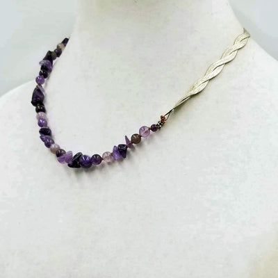 Unisex, Adjustable, sterling silver & amethyst necklace, hand-knotted with coppertone silk. 17.5