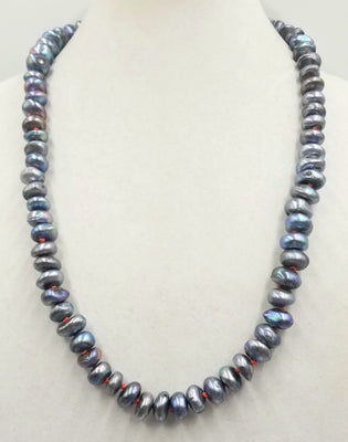 Massive, grey lavender peacock pearl rope hand-knotted with bright crimson silk. 27