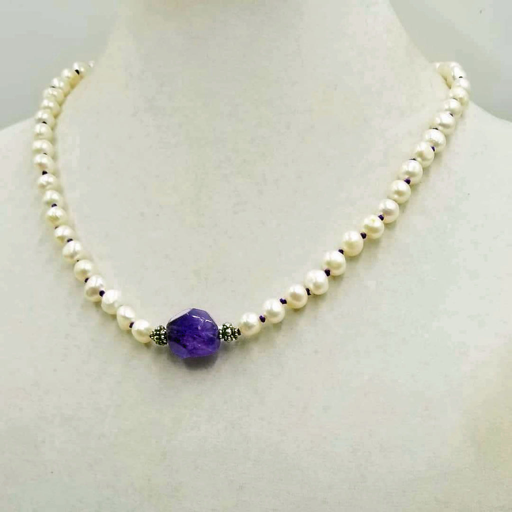Past Work. Stunning statement piece. Sterling silver, white fresh-water pearls, &  amethyst focal necklace, double hand-knotted with purple silk. Sold.
