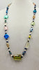 PRICE REDUCED Pretty colors! Art glass, pearls, garnet, & sodalite, rope necklace on hand-knotted canary yellow silk.