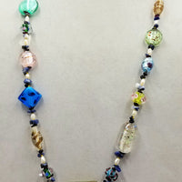 PRICE REDUCED Pretty colors! Art glass, pearls, garnet, & sodalite, rope necklace on hand-knotted canary yellow silk.