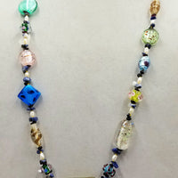 Pretty colors! Art glass, pearls, garnet, & sodalite, rope necklace on hand-knotted canary yellow silk.