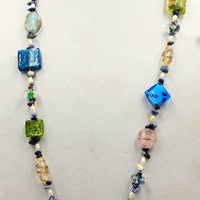 PRICE REDUCED Pretty colors! Art glass, pearls, garnet, & sodalite, rope necklace on hand-knotted canary yellow silk.