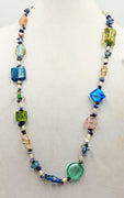 PRICE REDUCED Pretty colors! Art glass, pearls, garnet, & sodalite, rope necklace on hand-knotted canary yellow silk.