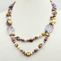 Sterling silver, multi-color pearls & bi-tone amethyst, two strand necklace, hand-knotted purple silk.