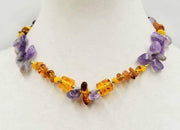 PRICE REDUCED  "The Bold & The Beautiful'" 14KYG, amethyst & vintage Baltic amber necklace, hand-knotted with moss green silk. 17.75" length.